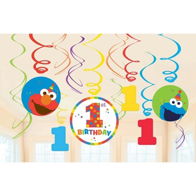 Birthday Express Sesame Street Elmo Turns One Swirl Decorations - 12 Pack