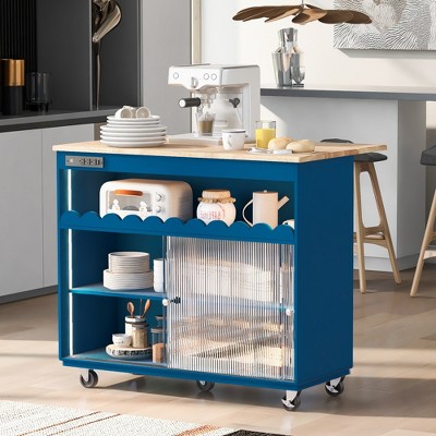 Kitchen island, wheeled kitchen cart, large kitchen island cart with 2 cabinets and 1 open shelf