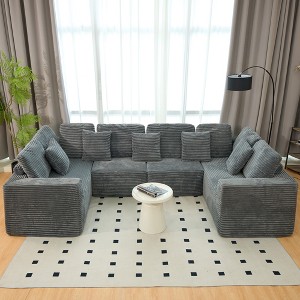 135.5'' Striped Corduroy Modular U-Shaped Sectional Sofa with Reversible 6-Seater Chaise, Ergonomic Design, Cloud-Like Softness - 1 of 4