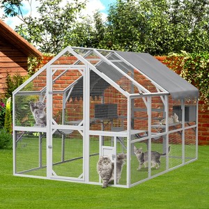Outdoor Cat House Catio Enclosure, 110'' Cat Cage Condo Indoor Playpen with 2 Bridges, 2 Sleeping Houses and 7 Catwalks for Indoor Outdoor - 1 of 4