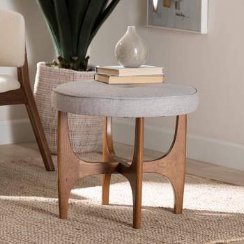 Theo Fabric and Wood Ottoman Footstool Grayish Beige/Walnut Brown - Baxton Studio