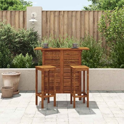 Solid Acacia Wood Brown Patio Bar Table with Storage Shelves