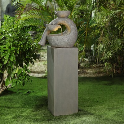 Gray Resin Modern Sculpture Pedestal Fountain with LED Light
