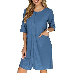 Ekouaer Zip Up Robes for Women Short Waffle Bathrobe Lightweight Knee Length Housecoat with Pockets Nightgown - 1 of 4