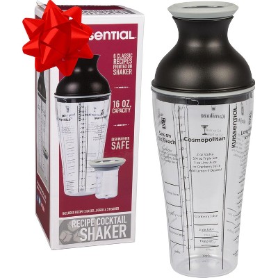 Kuissential Recipe Cocktail Shaker 16oz with Jigger, Strainer 6 Printed Mixed Drink Recipe Measurements on the Bottle