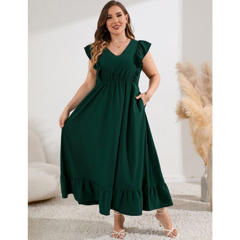 Women's Plus Size Summer Dress with Pocket Ruffle Cap Sleeveless V Neck Side Split Long Beach Maxi Dress, 2 of 9