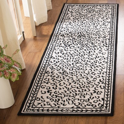 White and Black Floral Hand-Knotted Wool Runner Rug