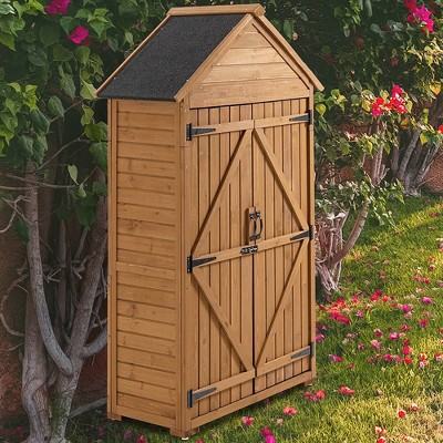 Brown Fir Wood Outdoor Storage Cabinet with Shelves and Lock
