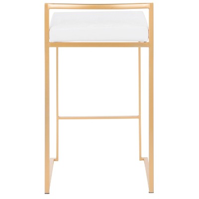 Gold Metal Bar Stools with White Velvet Cushions, Set of 2