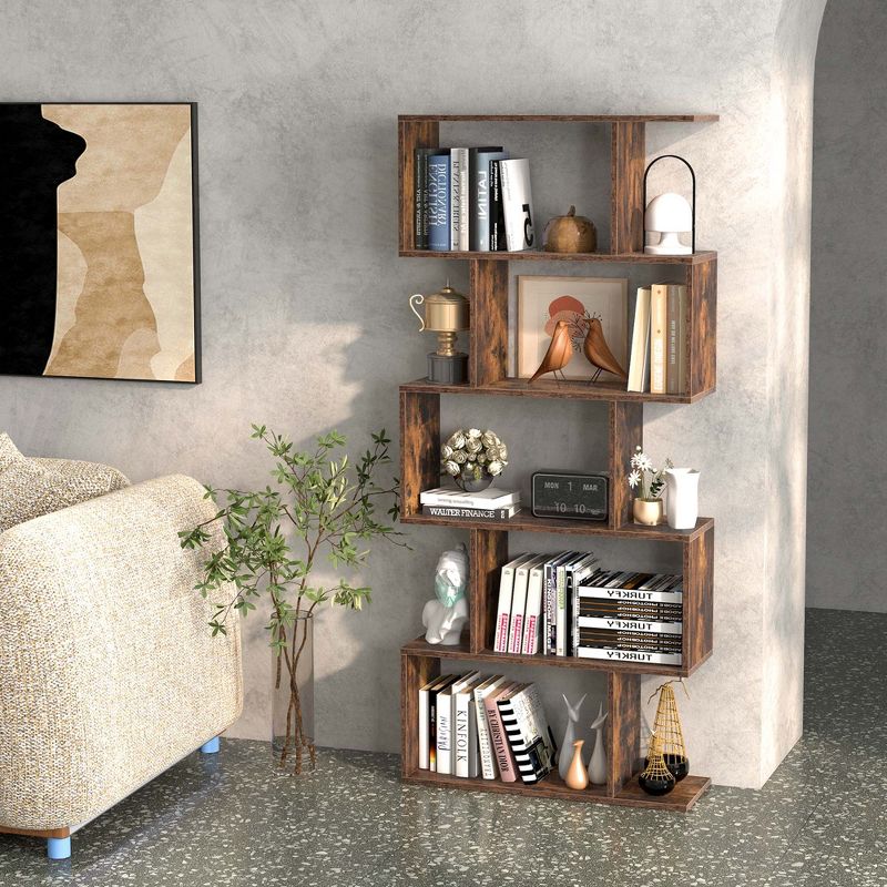 Costway 5-Tier Bookshelf Geometric S-Shaped Bookcase Room Divider Storage Display Shelf, 2 of 10