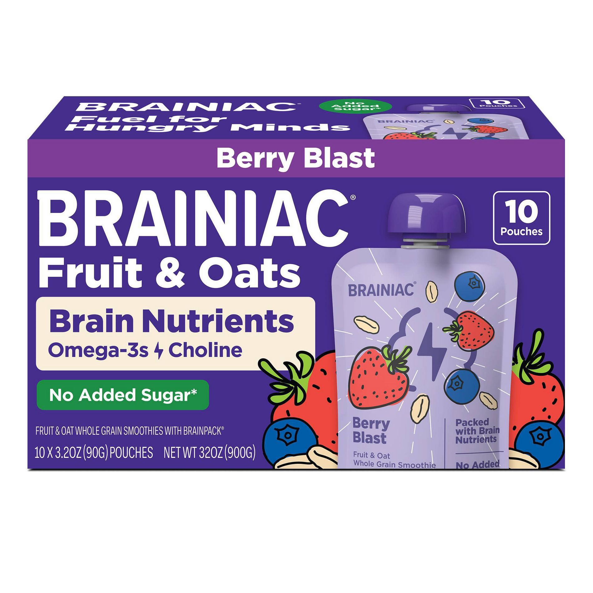 Brainiac Kids' Fruit & Oat Berry Blast Smoothie Pouches - 32oz/10ct