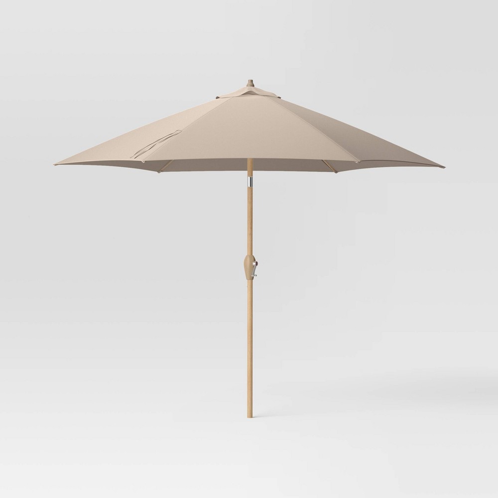 9' Round Outdoor Patio Market Umbrella Tan with Light Wood Pole - Threshold™