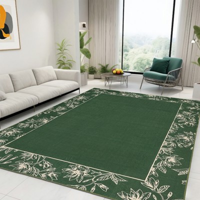 Washable Modern Bordered Rug Non Slip Low Pile Rug Soft Floral Throw Floor Cover Foldable Indoor Carpet for Living Room Bedroom Playroom Nursery