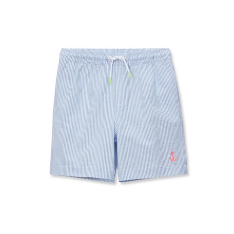 Lands' End Kids Chlorine Resistant Seersucker Swim Trunks with Mesh Liner - X-Large - Light Blue Stripe