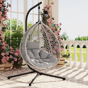 Modern Hanging Basket Egg Chair with Stand, Indoor & Outdoor Wicker Swing Chair with Soft Cushion & Headrest - ModernLuxe - 1 of 4