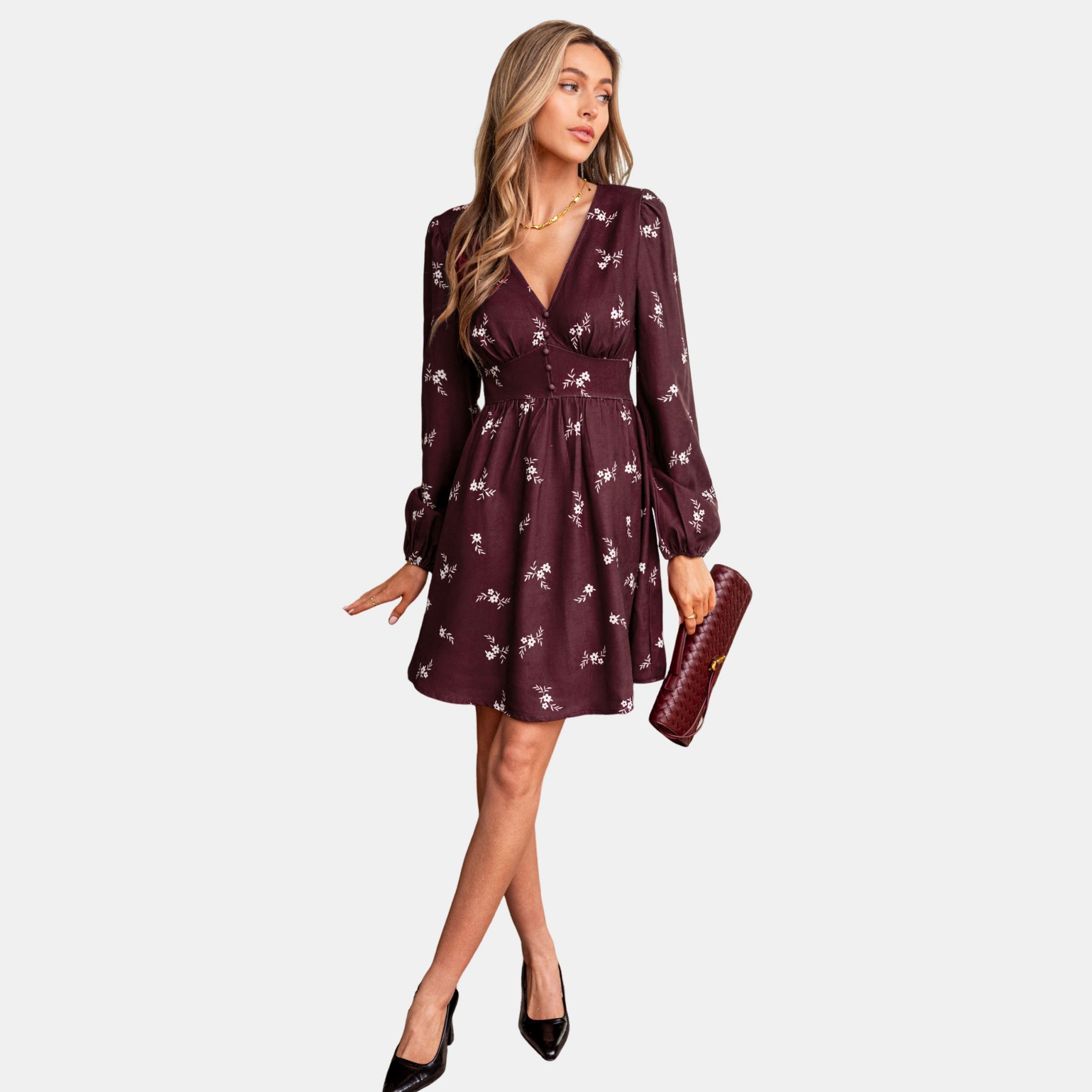 Women's Burgundy Floral Print Long Sleeve Wrap Dress - Cupshe