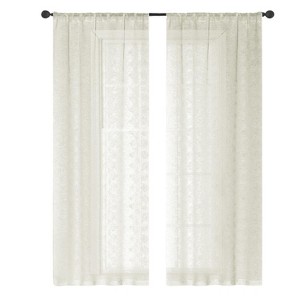 RT Designer Collection Laura Textured Sheer Rod Pocket Luxurious Modern Design Curtain Panel Pair 37" x 84" Ivory - 1 of 4