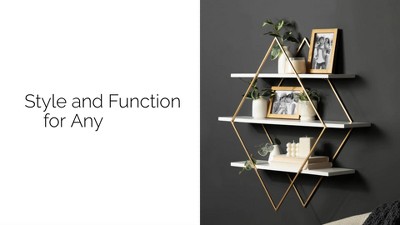 White and Gold Diamond Floating Wall Shelf with Wooden Accents