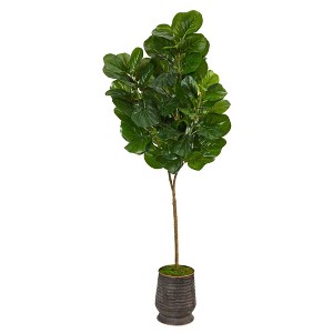 Nearly Natural 74-in Fiddle leaf Fig Artificial Tree in Ribbed Metal Planter - 1 of 4