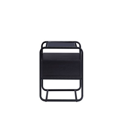 Black Metal and Wood Accent Table with Rattan Drawer