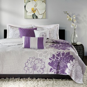 6 Piece Printed Cotton Quilt Set with Throw Pillows Taupe Grey/Purple King/Cal King - 1 of 1