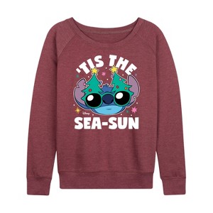 Women's - Lilo and Stitch - Tis the Sea-Sun Christmas Lightweight French Terry Wide Neck Long Sleeve Shirt - 1 of 4