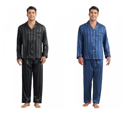 INSPIRE CHIC Men's 2 Pack Satin Pajamas Set Casual Long Sleeve Striped Button Sleepwear