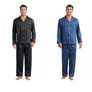 INSPIRE CHIC Men's 2 Pack Satin Pajamas Set Casual Long Sleeve Striped Button Sleepwear - 1 of 4