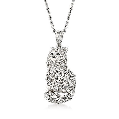 Ross-Simons 0.15 ct. t.w. Black and White Diamond Cat Pendant Necklace in Sterling Silver