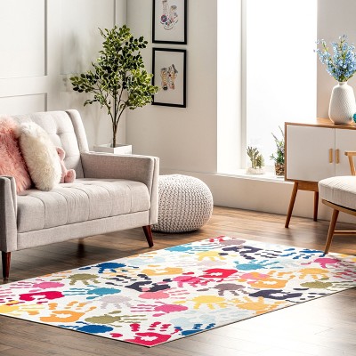 Multicolor Handprint Synthetic Kids Washable 4' x 6' Area Rug