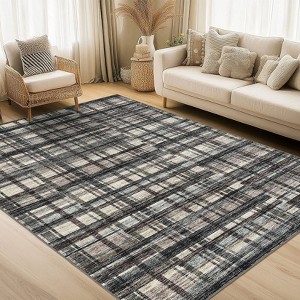 Farmhouse Plaid Area Rugs for Living Room Bedroom, Low Pile Non-Slip Modern Soft Faux Wool Carpet - 1 of 4