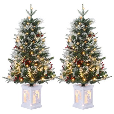 Homhougo 3FT Snow Flocked Christmas Trees 2-Pack with Red Berries and Pot Base, Perfect for Entryway or Porch Decor