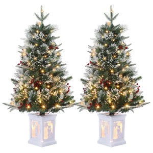 Homhougo 3FT Snow Flocked Christmas Trees 2-Pack with Red Berries and Pot Base, Perfect for Entryway or Porch Decor - 1 of 4