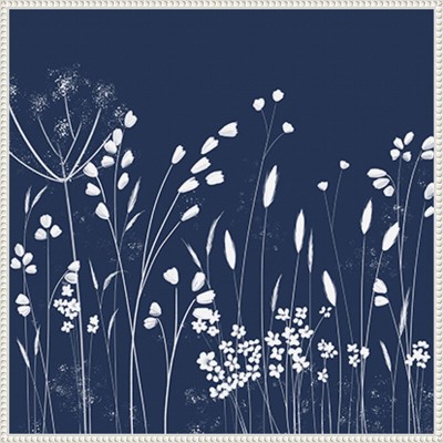 Indigo Flowers II White Floater Frame Canvas Wall Art