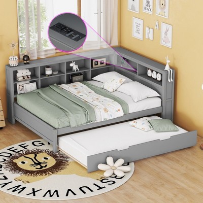 NicBex Twin/Full Size Daybed with Twin Size Trundle,Wood Day Bed Frame with Storage Shelves and USB Charging Ports