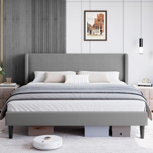 Upholstered Bed Frame with Wingback Headboard, Velvet Upholstery Platform Bed - 1 of 4