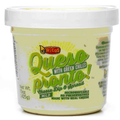 Ricos® Queso Pronto Mild Cheese Dip & Spread with Green Chiles, 15 oz, Tub, Shelf-Stable (Pack of 4)