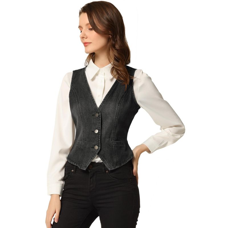 Allegra K Women's Denim Sleeveless V Neck Button Down Casual Waistcoat Vest, 1 of 7