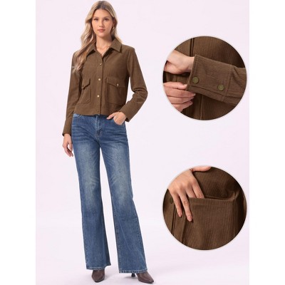 Женские куртки INSPIRE CHIC Women's Long Sleeve Point Collar Button Down Casual Corduroy Jacket with Flap Pockets Small Dark Brown — фото 2