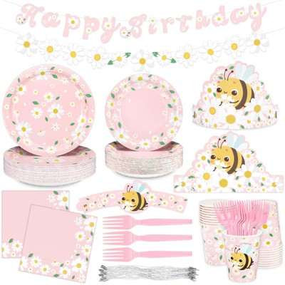 DYLIVeS Pink Daisy Birthday Party Decorations,192 Pcs Summer Daisy Party Supplies with Daisy Paper Plates,Napkins,Cups,Cup Sleeves,Bee Birthday Hats