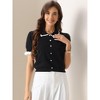 INSPIRE CHIC Women's Contrast Trim Short Puff Sleeve Pearl button Decor Turndown Collar Blouse - 2 of 4