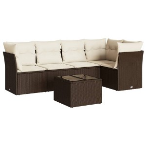 vidaXL 6 Piece Patio Sofa Set with Cushions Brown Poly Rattan - Brown and Cream With Table - 1 of 4