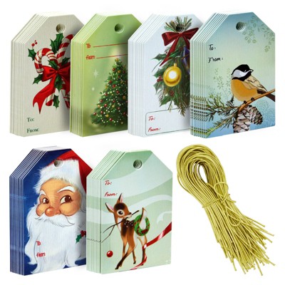 Paper Junkie 120 Pack Vintage Christmas Tags with Gold Strings for Holiday Presents, 6 Designs, 2.2 x 3.5 Inches