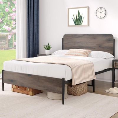 COZONY Vintage Industrial Metal Platform Bed Frame with Wood Headboard & Footboard, Queen Size