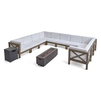 Comores 12pc Acacia U-Shaped Sectional Sofa Set with Fire Pit - Gray/White/Dark Gray - Christopher Knight Home