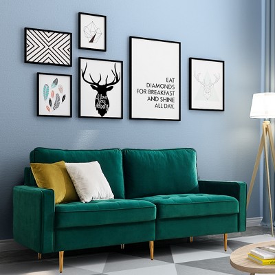 DOMETOUR Modern 71 Inch Velvet Loveseat Sofa with 2 Pillows, Emerald Fabric Couch for Living Room Bedroom