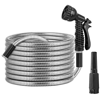 Heavy Duty Stainless Steel Garden Hose with Versatile Nozzles, 50FT Length
