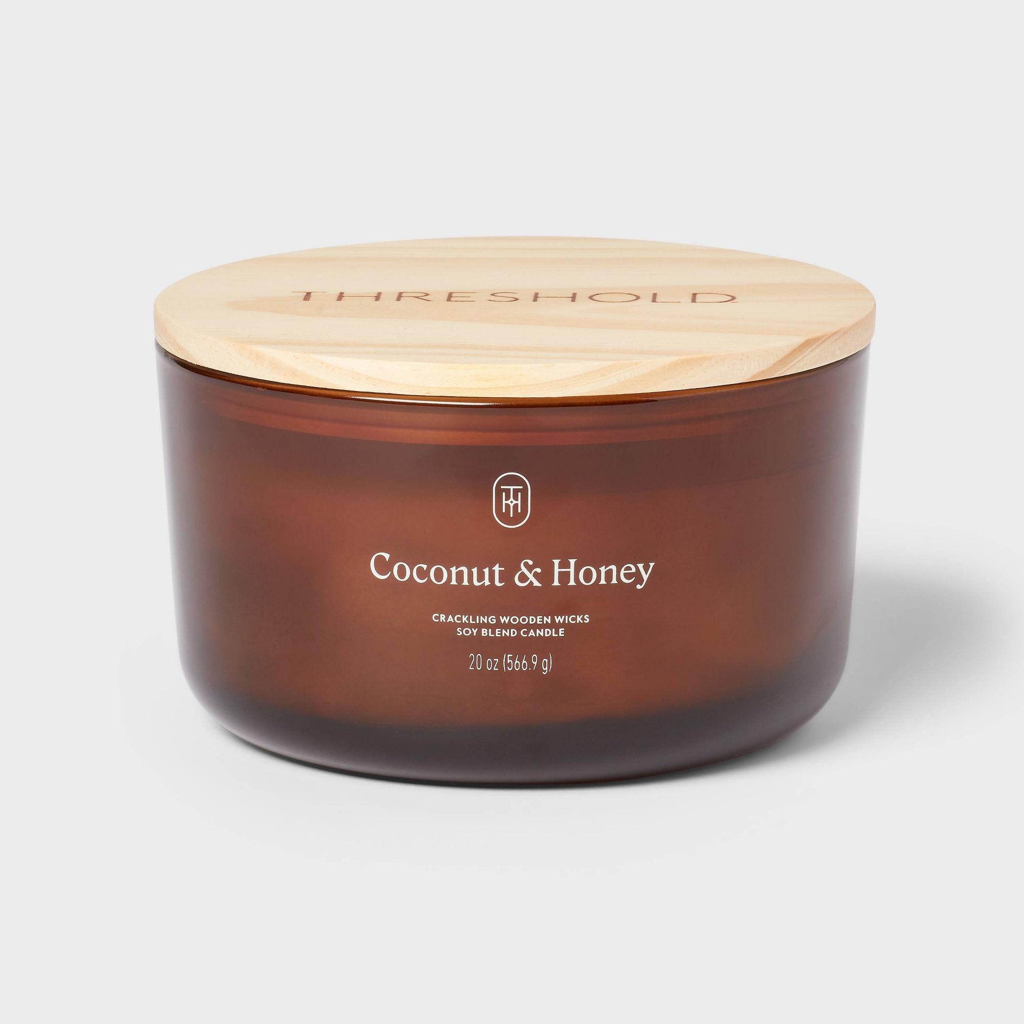 3-Wick Amber Glass Wooden Wick Coconut and Honey Jar Candle 20oz - Threshold™