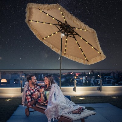 Natural 9 ft Solar Powered LED Thatched Tiki Patio Umbrella