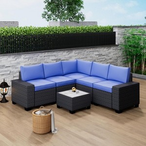 6-Piece PE Rattan Patio Set - Sectional sofa, coffee table & cushions for backyard, balcony or poolside seating. Durable construction. - 1 of 4